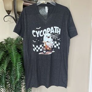 NWOT Halloween Bike Ghost “Cycopath” Bicycling Dark Grey V-Neck Shirt